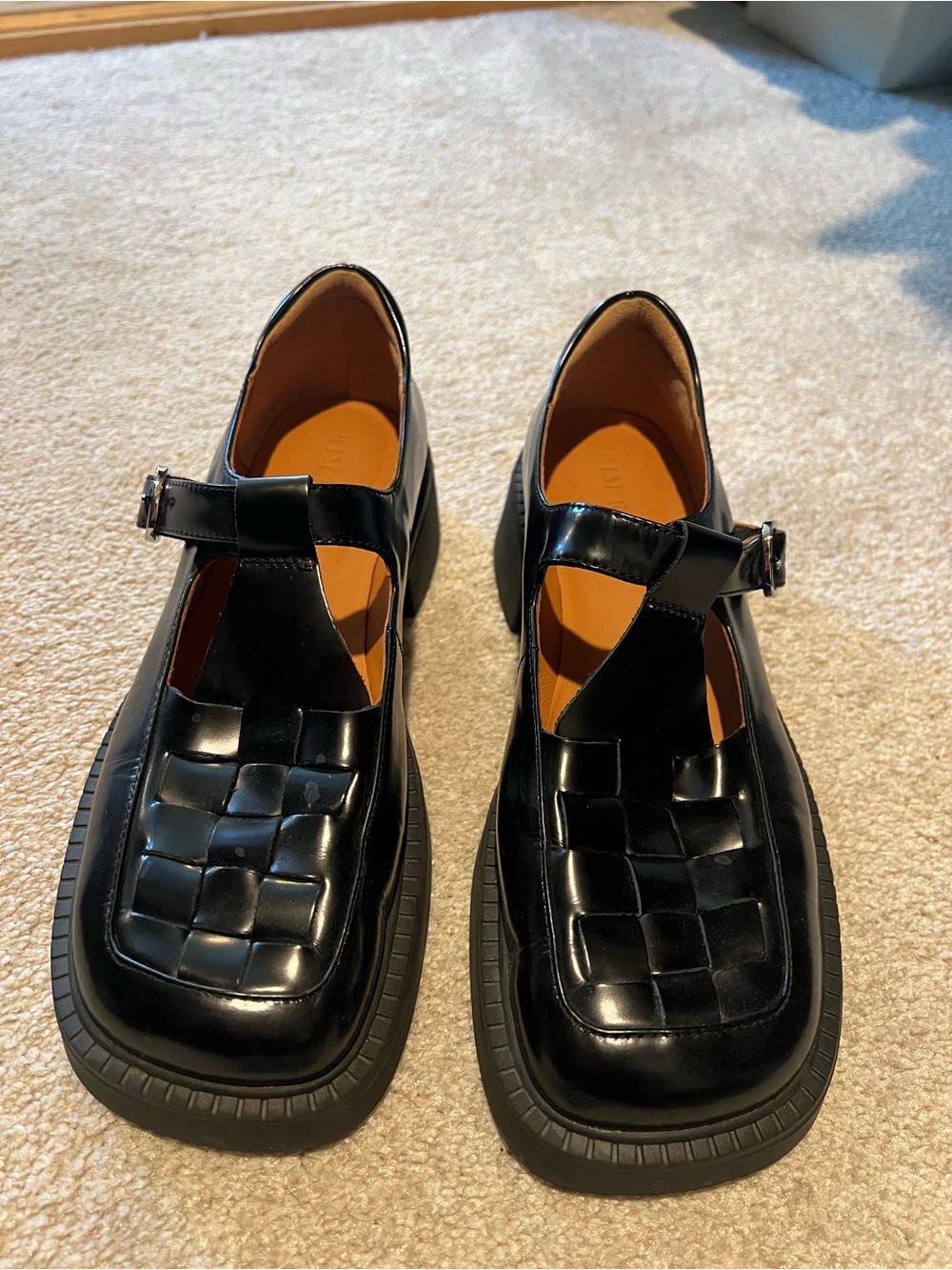 Women’s. Black T-Strap Woven Leather Chunky Shoes